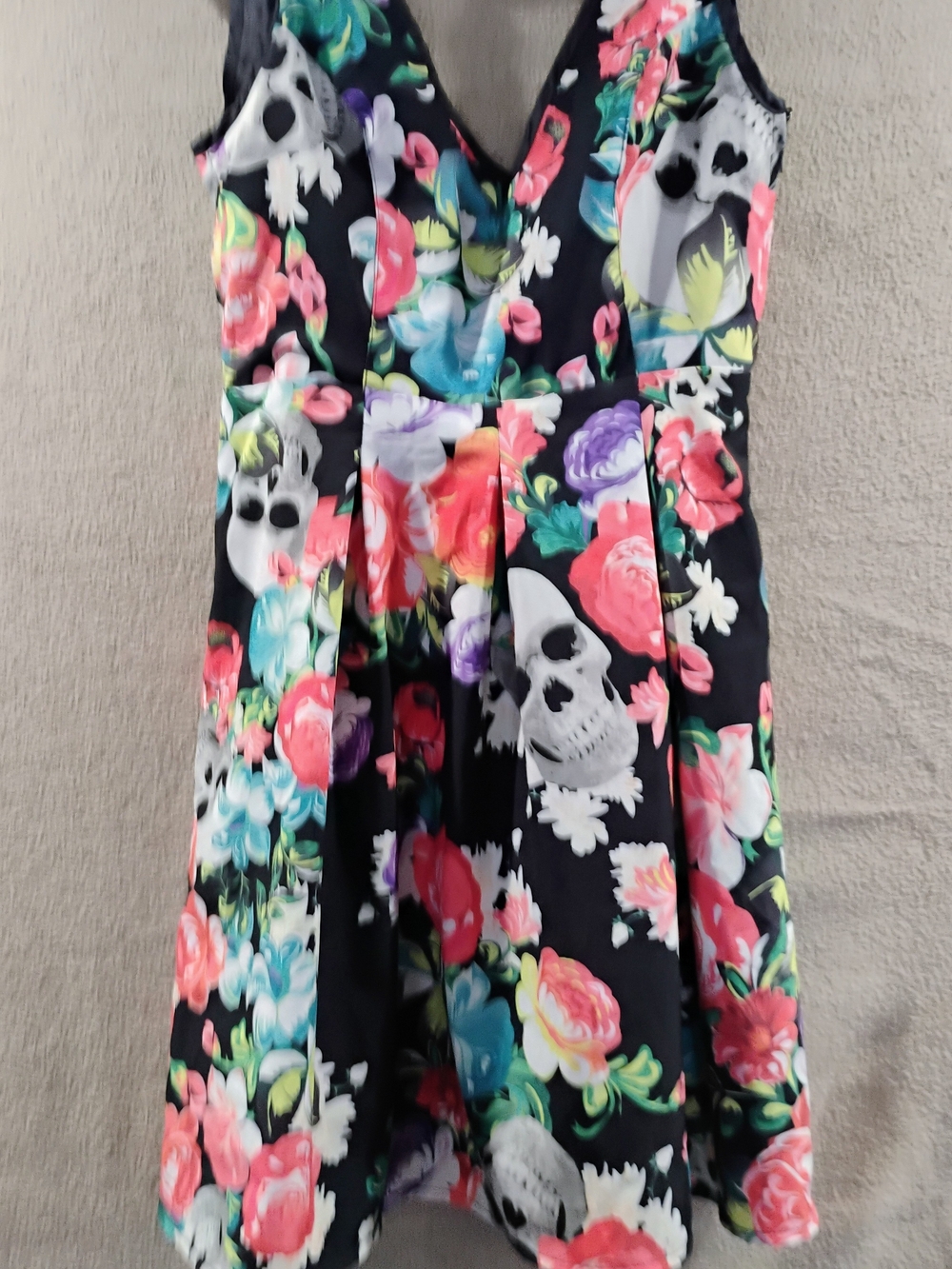 Floral Skull Print V-Neck Kids Dress - Black with Multicolor Blooms